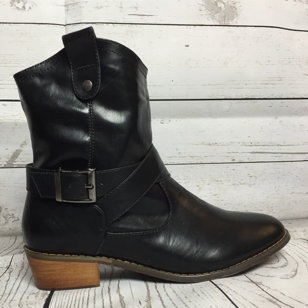 Black Strap Buckle Wood Heel Ankle Boot Booties